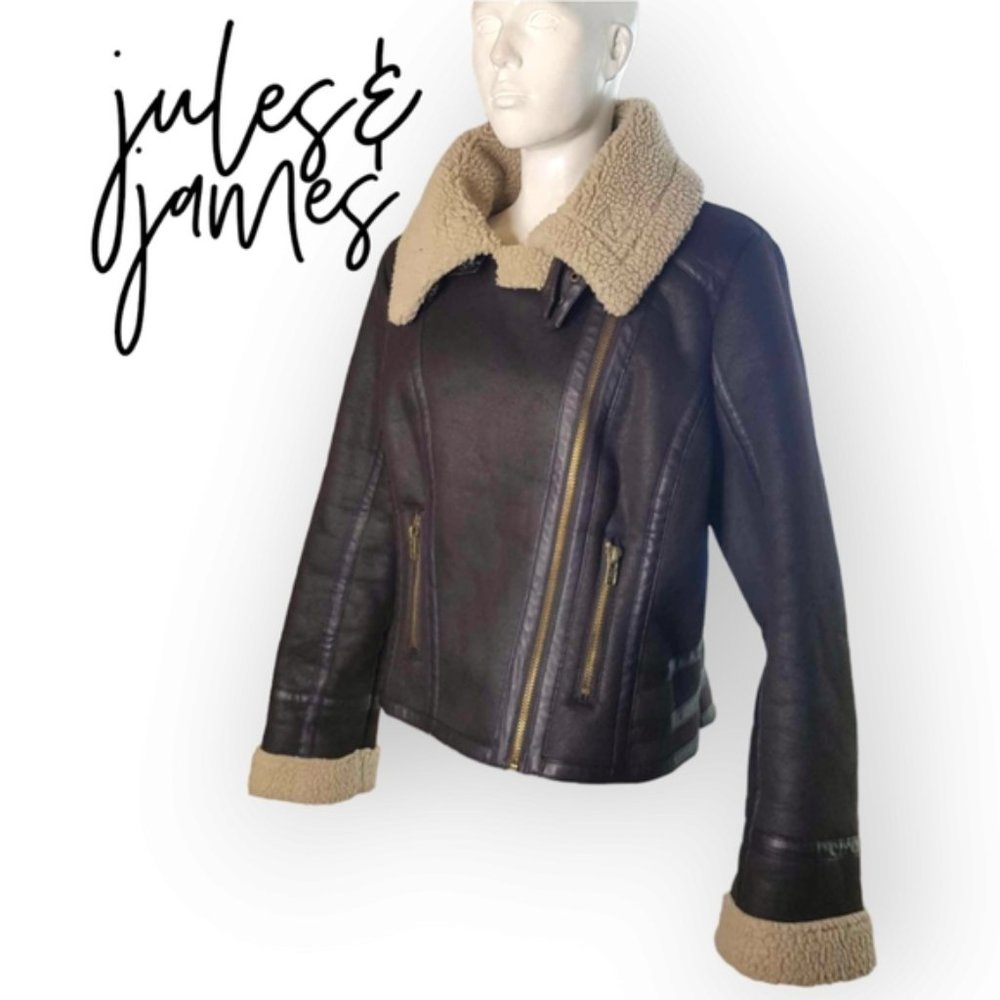 Jules & James brown double breasted fuzzy zippered aviator jacket Size XL